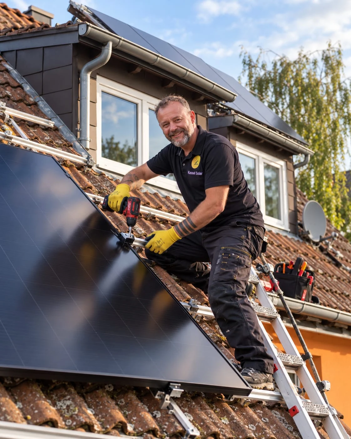 Christian Mattheus von Kassel Solar bei der Montage einer Photovoltaikanlage